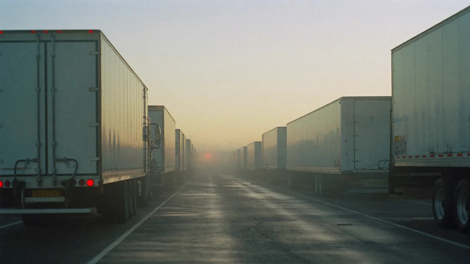Rows of parked tractor-trailers at a freight yard at first light, seen down the aisle between them.