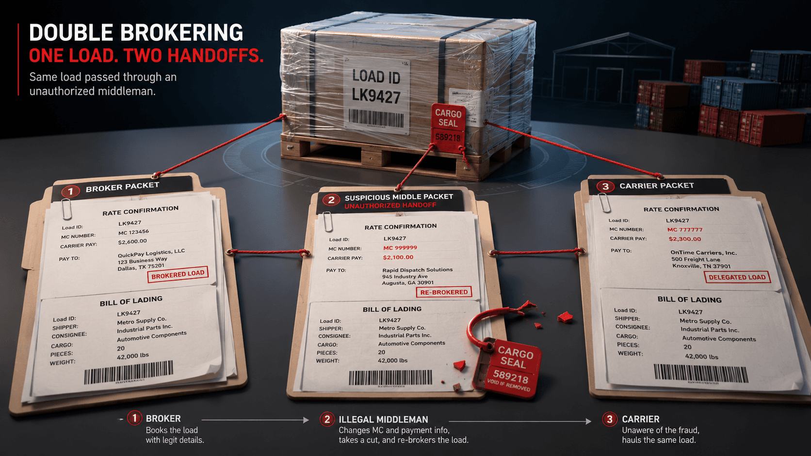 Double brokering diagram showing one load passed through unauthorized handoffs.