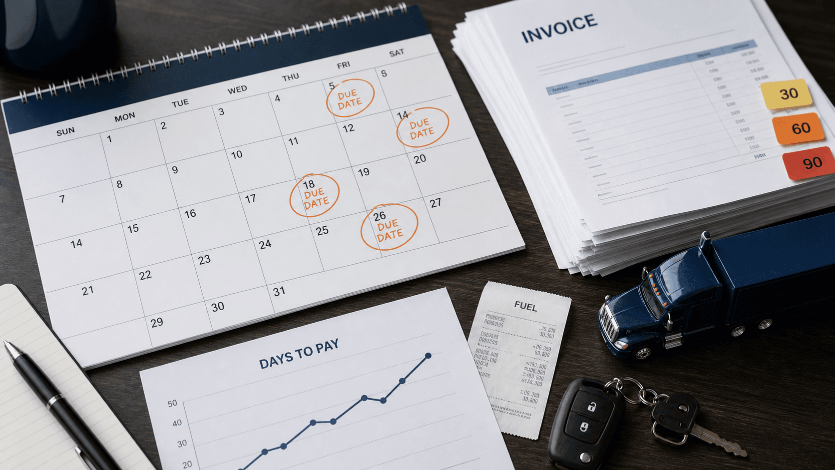 Carrier accounting desk with invoice due dates, days-to-pay chart, fuel receipt, and semi truck model representing freight broker payment trends.