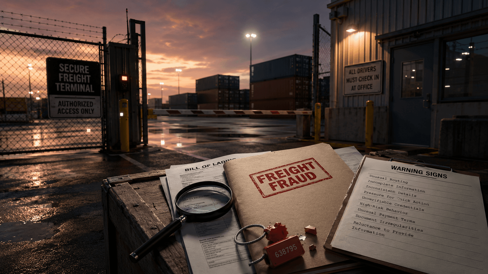 Freight fraud file, bill of lading, and warning signs at a secure freight terminal.