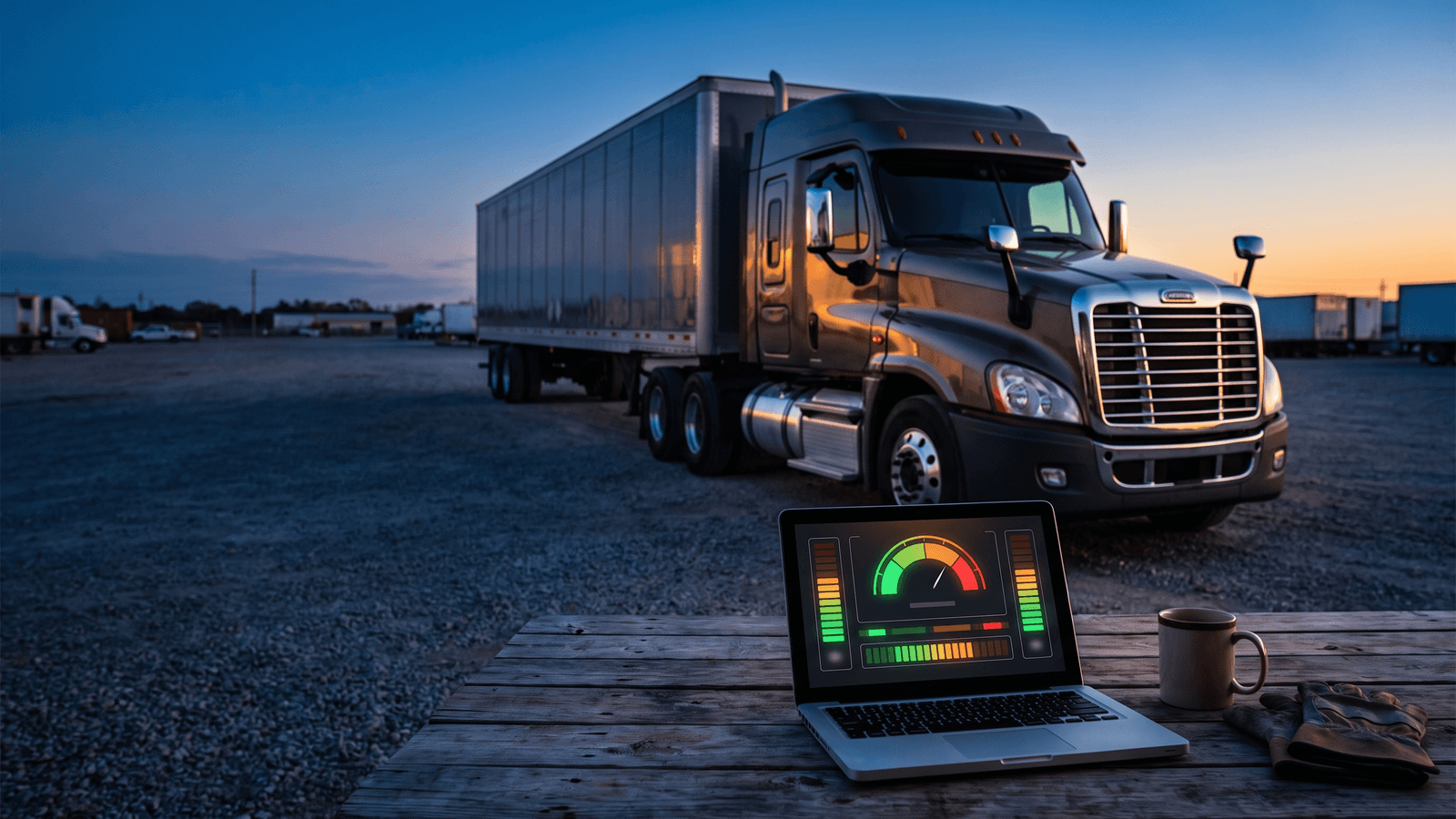 A carrier reviewing a freight broker credit report and risk score on a laptop at a dispatch desk, with a semi-truck parked outside at dusk.
