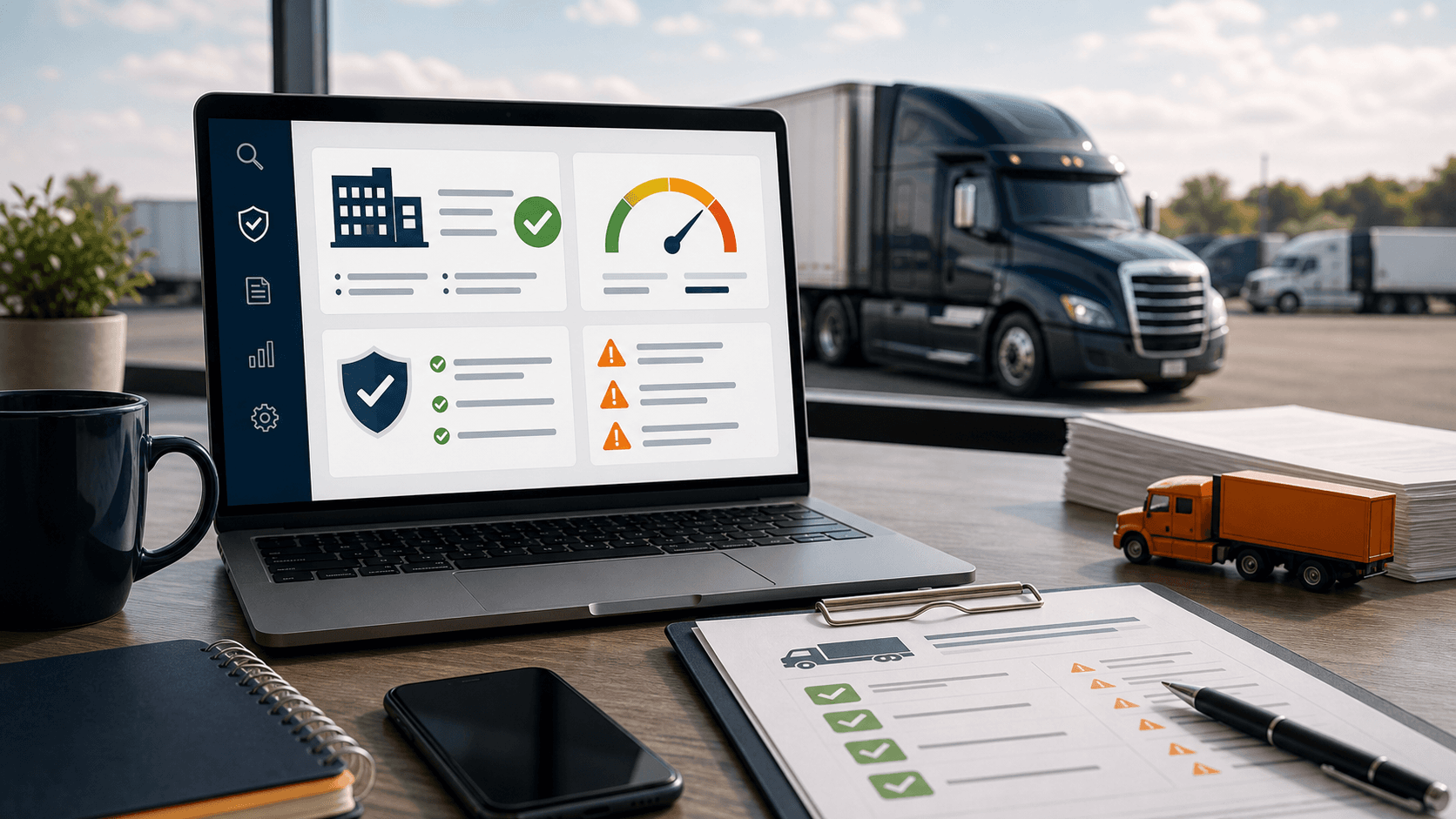 Broker verification dashboard, checklist, and truck outside a freight office.