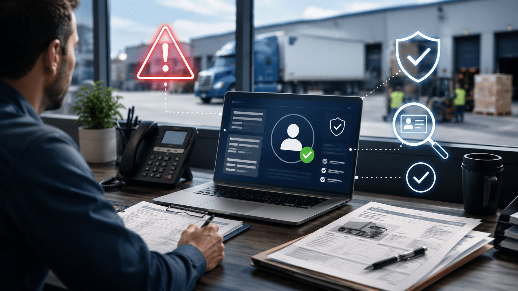 Broker verification dashboard with warning and identity check icons in a freight office.
