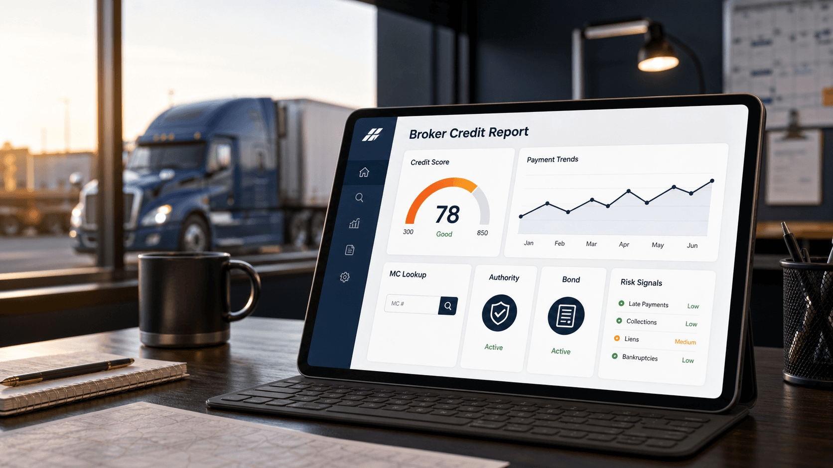 Tablet showing a freight broker credit report dashboard with payment trends, MC lookup, authority, bond, and risk signals near a semi truck.