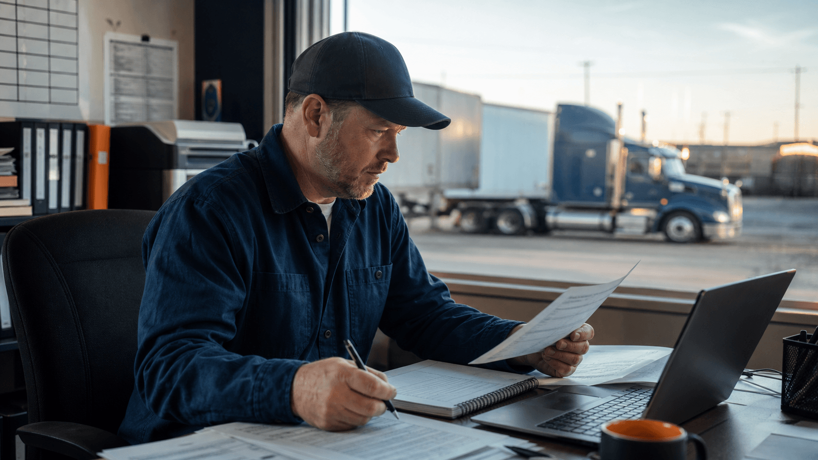 Carrier reviewing freight broker credit paperwork at a dispatch desk before accepting a load.