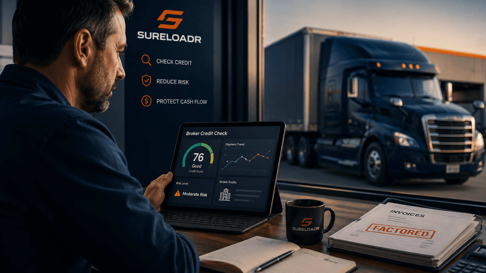 Carrier reviewing freight broker credit information with trucks, invoices, and SureLoadr branding.