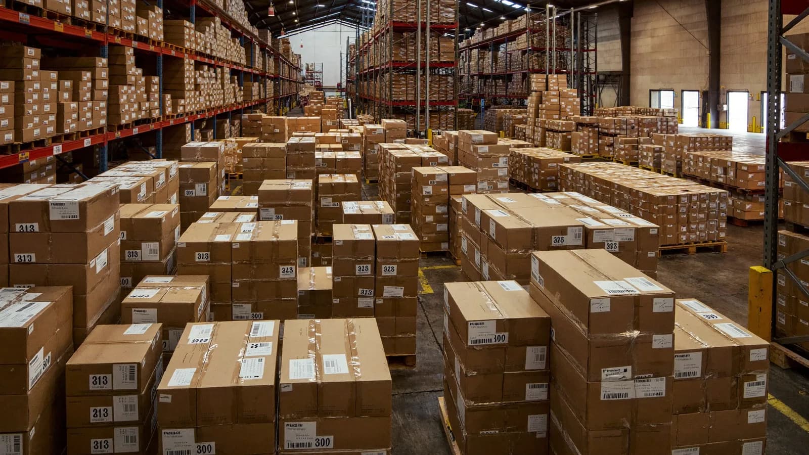 Pallets of cartons crowding the staging lanes of a shipper's warehouse, racking loaded to the ceiling behind them.