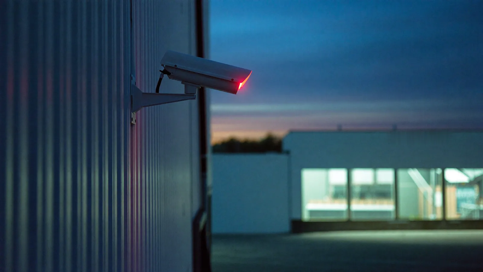 A white security camera with a glowing red light mounted on the corner of a metal industrial building at blue hour, watching over an empty floodlit yard.