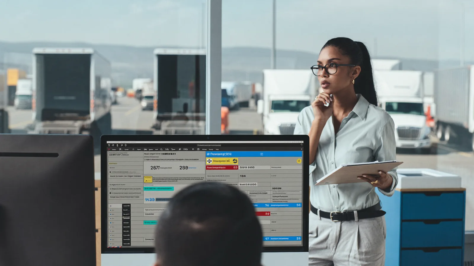 A shipper's logistics manager reviewing carrier safety, authority, and insurance data on a monitor in a distribution-center office, with semi-trucks at loading docks outside.