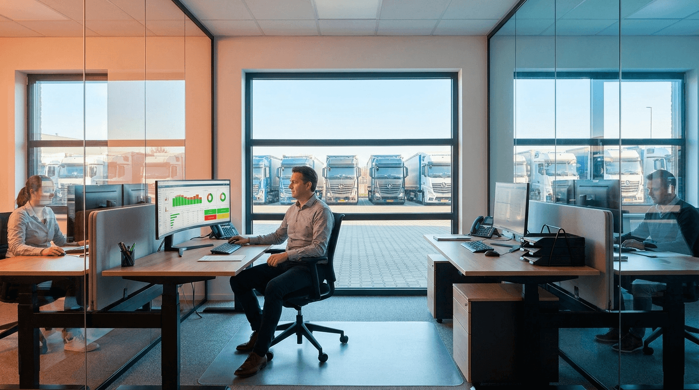 A freight broker reviewing carrier safety and compliance data on a monitor in a dispatch office, with semi-trucks parked in a yard outside.