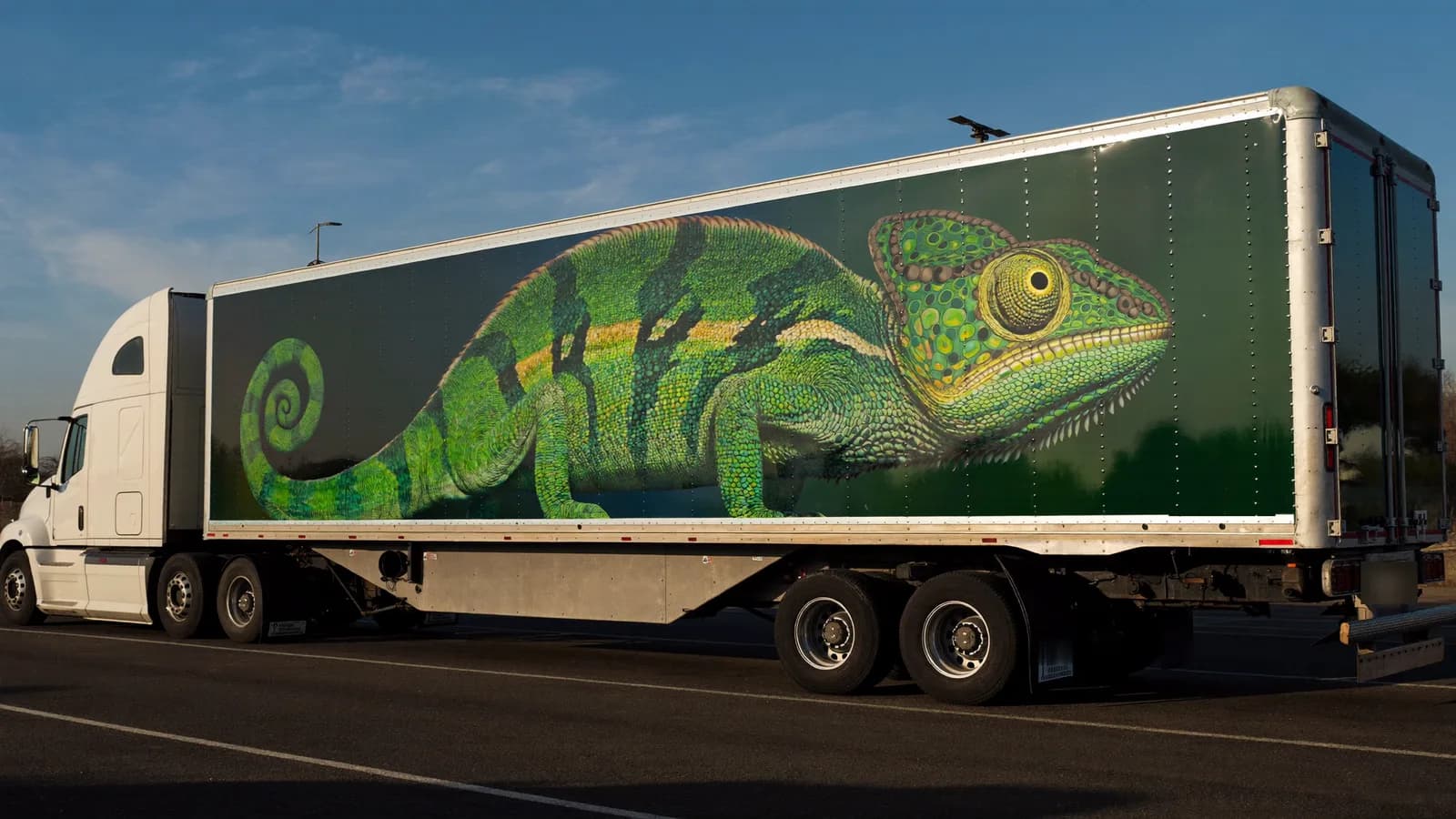 A semi truck and trailer at golden hour with a giant green chameleon wrapped along the side of the trailer like a banner.