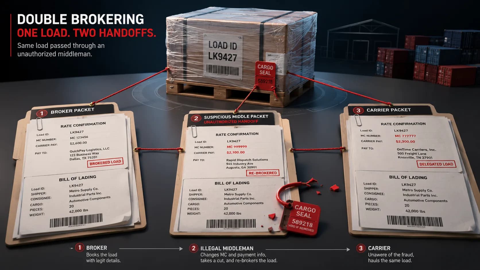Double brokering diagram showing one load passed through unauthorized handoffs.