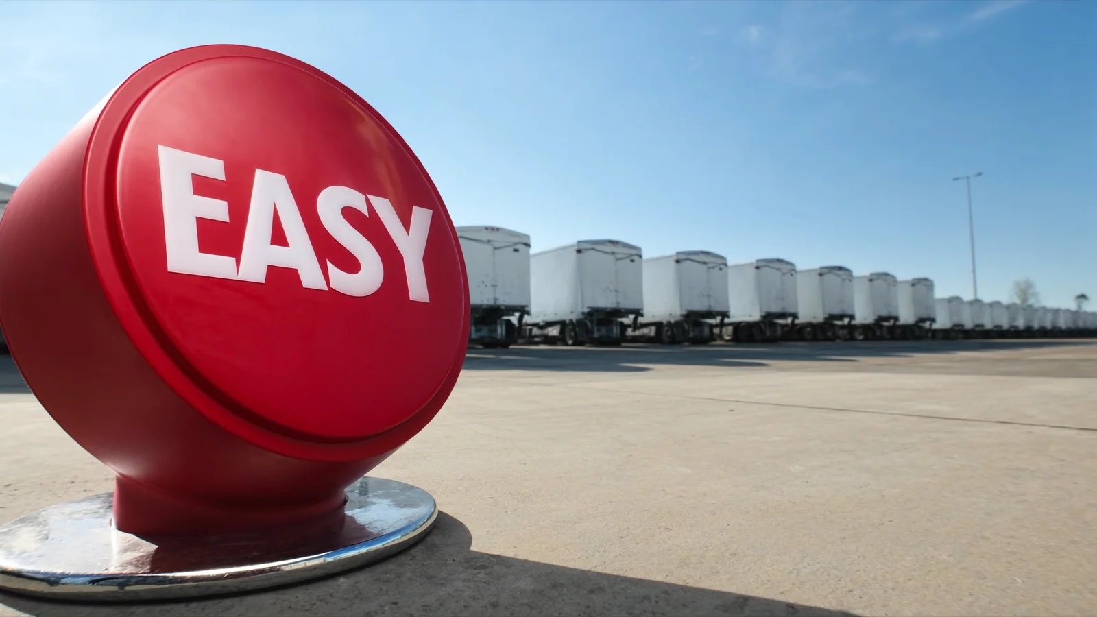 An oversized red push button marked "EASY" standing on sunlit concrete, with a long receding row of parked white trailers behind it under a blue sky.