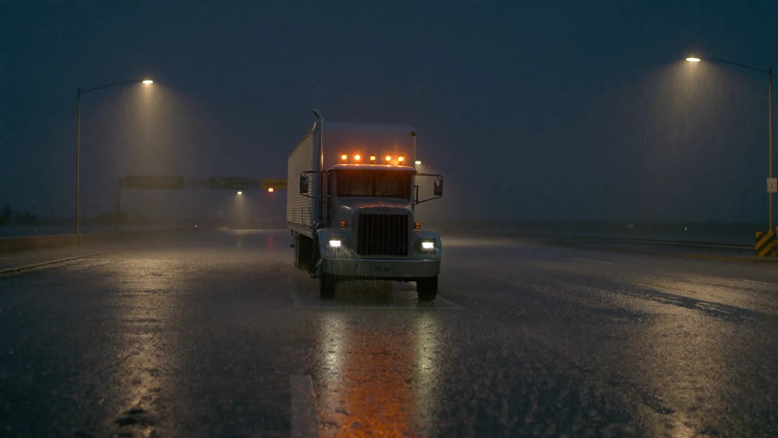 Tractor-trailer parked alone at a rest area at night in the rain, hazard lights on.