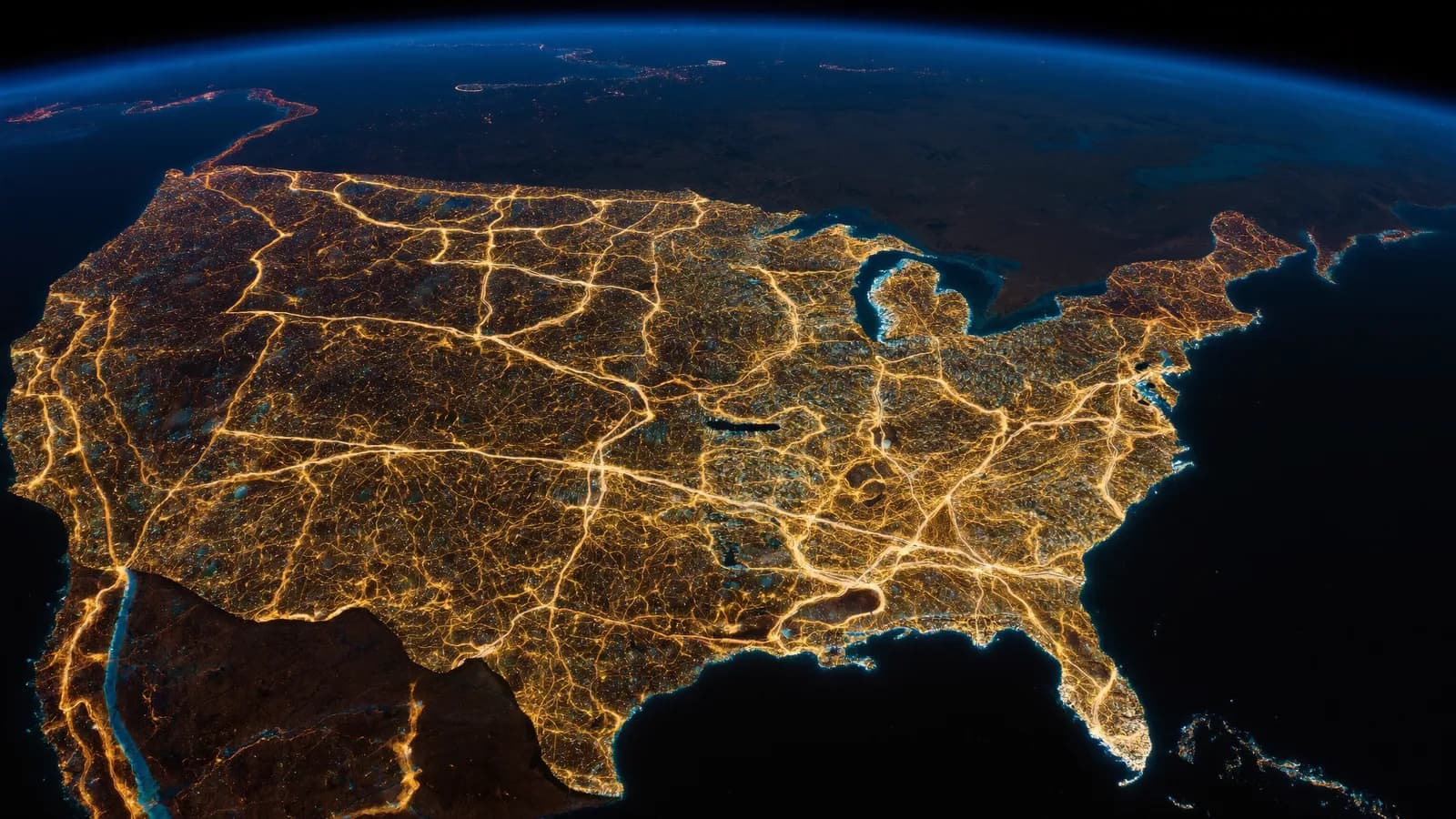 The continental United States at night from above, city lights linked by glowing lines of the interstate highway network.