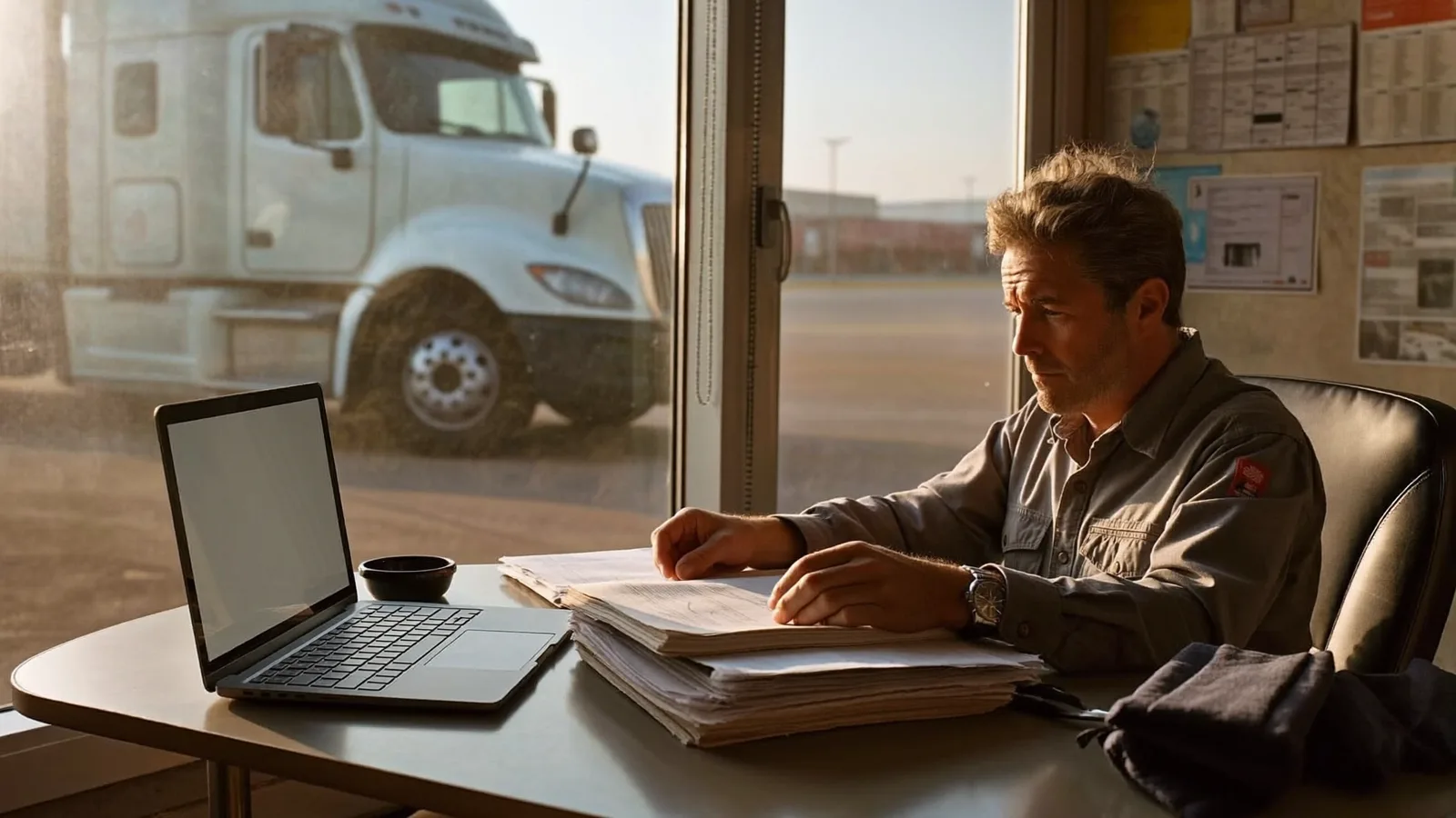 Owner-operator reviewing freight paperwork at a desk in a small trucking office, truck visible in the yard outside.