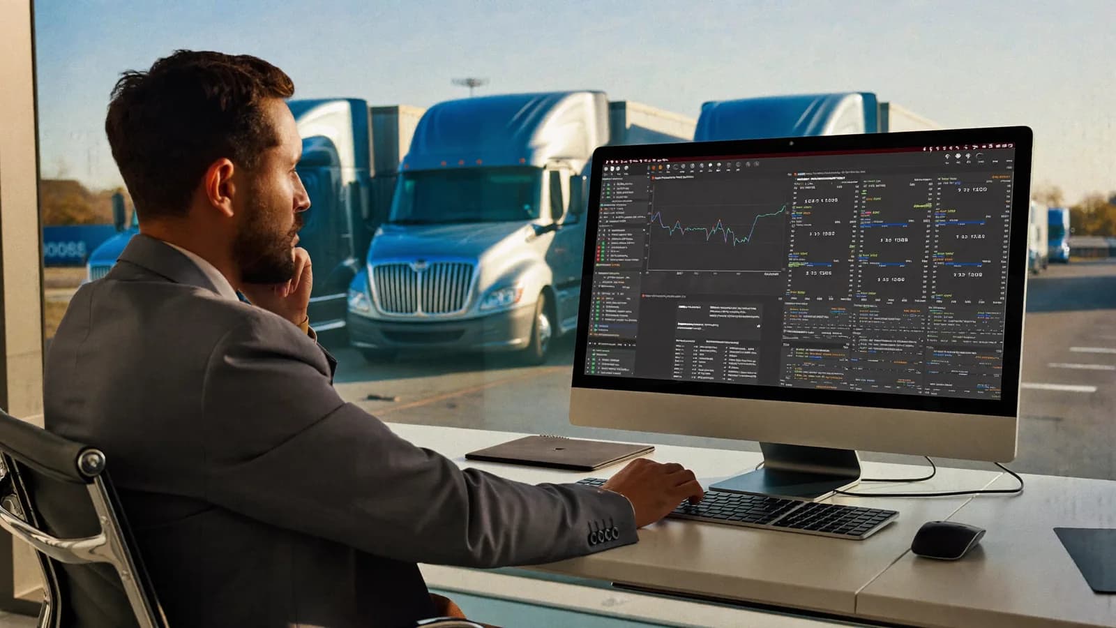 A freight logistics professional reviewing broker and carrier data on a monitor, with semi-trucks at loading docks visible through the window.
