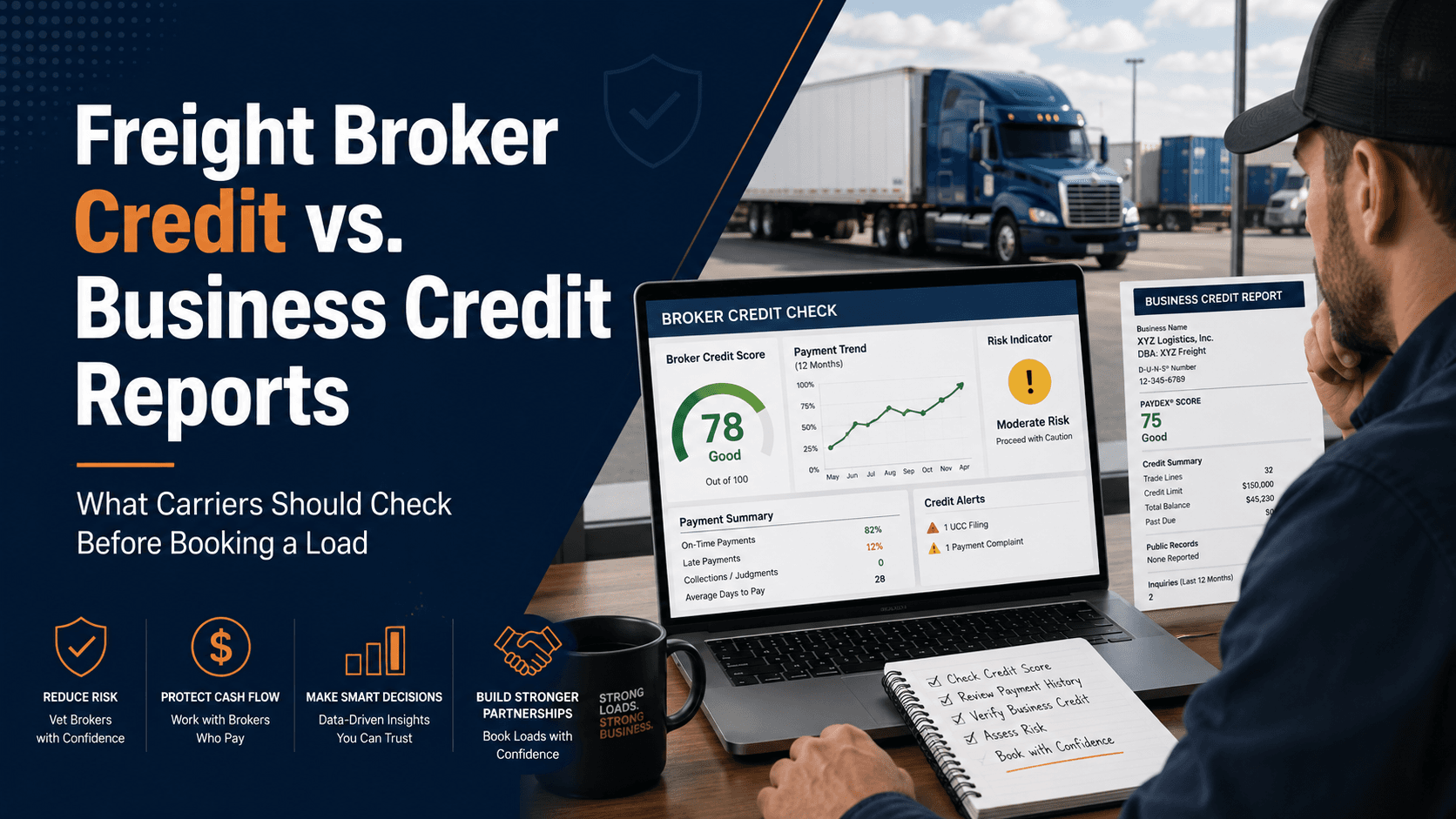 Carrier comparing a freight broker credit check with a general business credit report before booking a load.