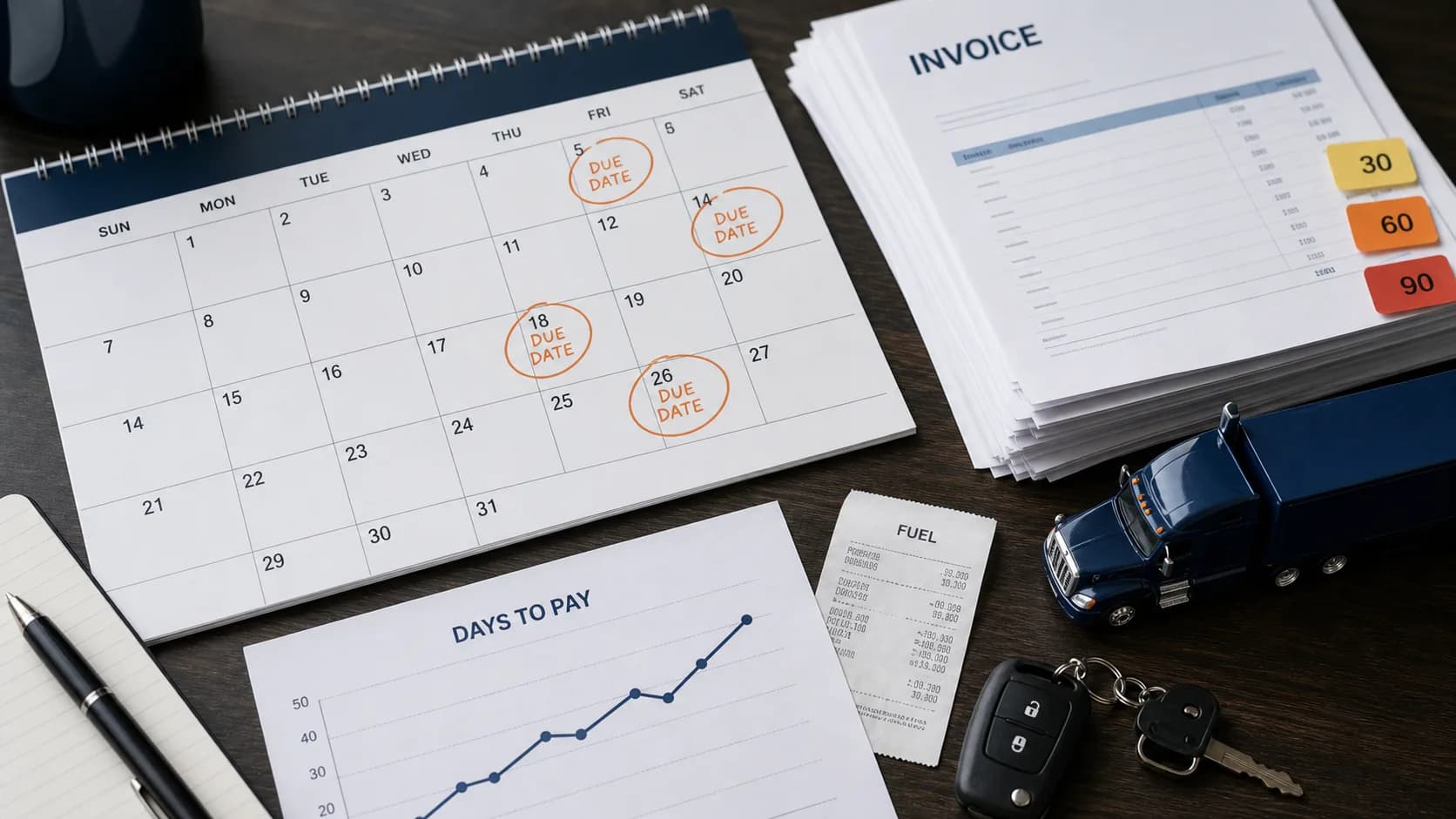 Carrier accounting desk with invoice due dates, days-to-pay chart, fuel receipt, and semi truck model representing freight broker payment trends.