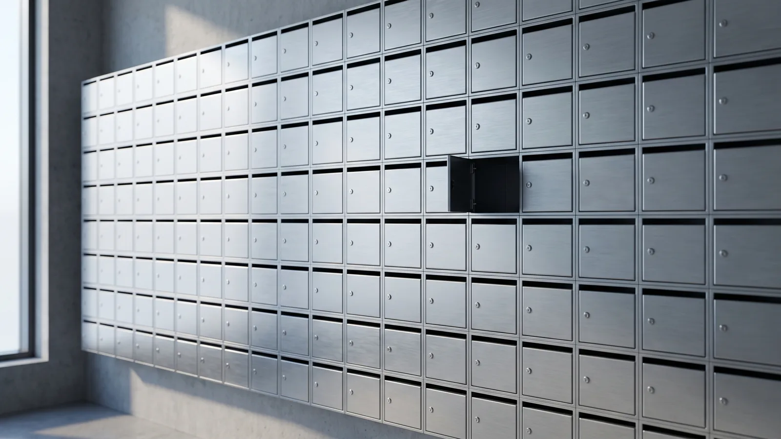A dense grid of identical metal mailboxes on a wall, one door hanging slightly open.