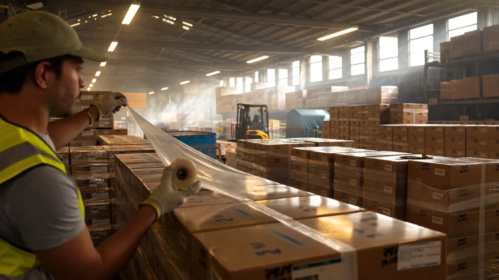 A worker in a high-visibility vest stretch-wraps a pallet of cartons in a busy finished-goods area, with wrapped pallets staged for pickup behind.