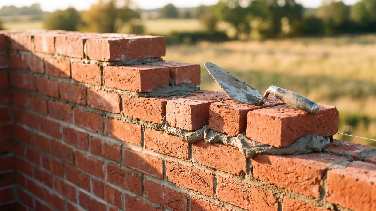 A half-built red brick wall in warm sunlight, fresh mortar between the courses and a trowel resting on top.