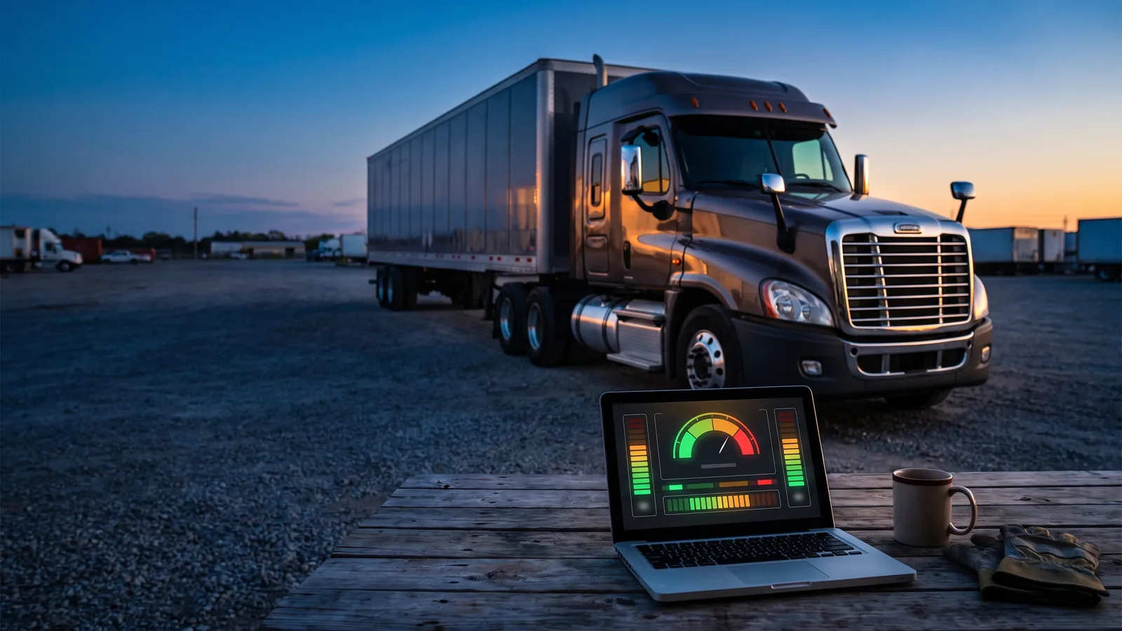 A carrier reviewing a freight broker credit report and risk score on a laptop at a dispatch desk, with a semi-truck parked outside at dusk.
