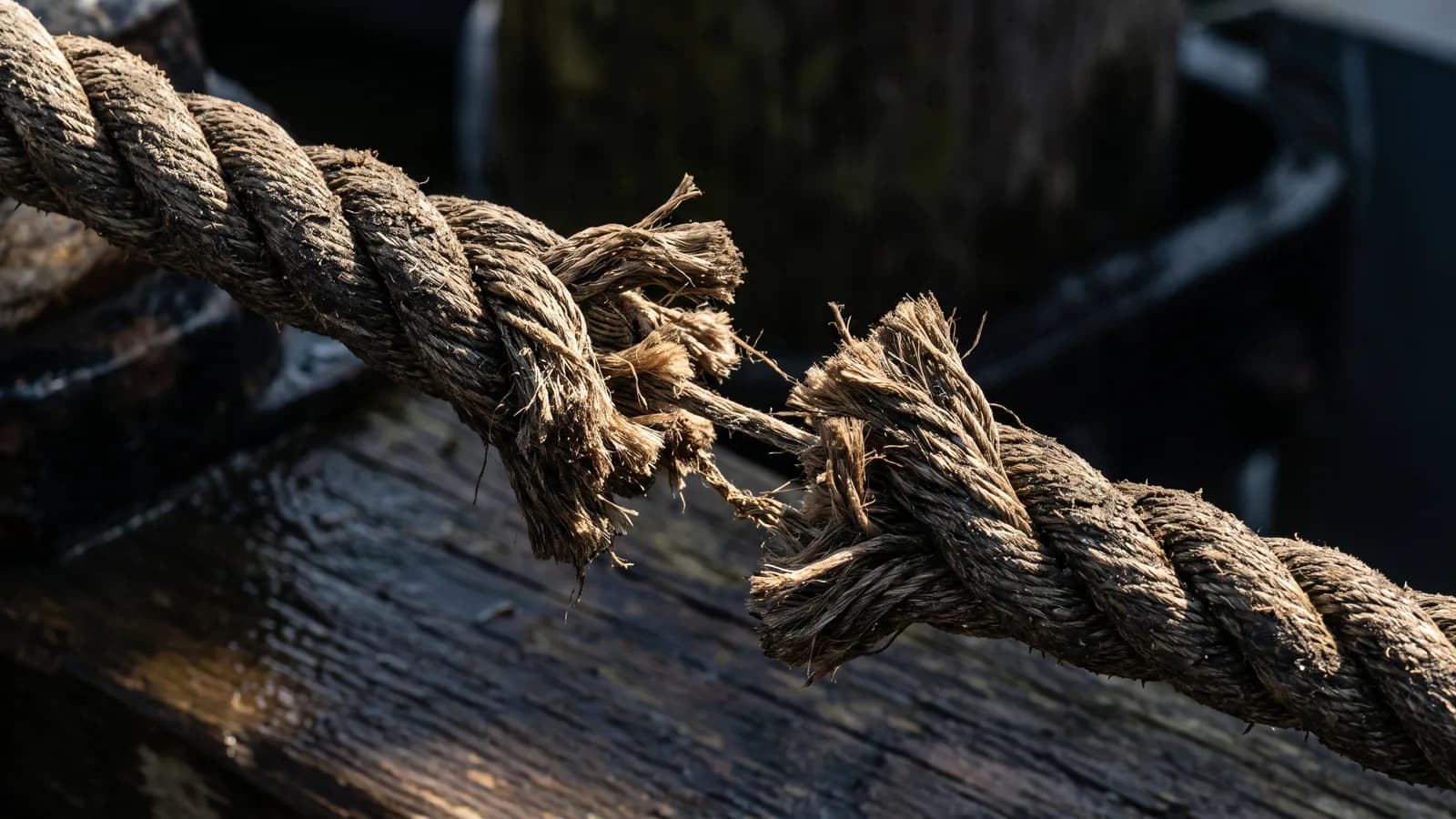 A thick mooring rope under tension, its fibers frayed and beginning to part.