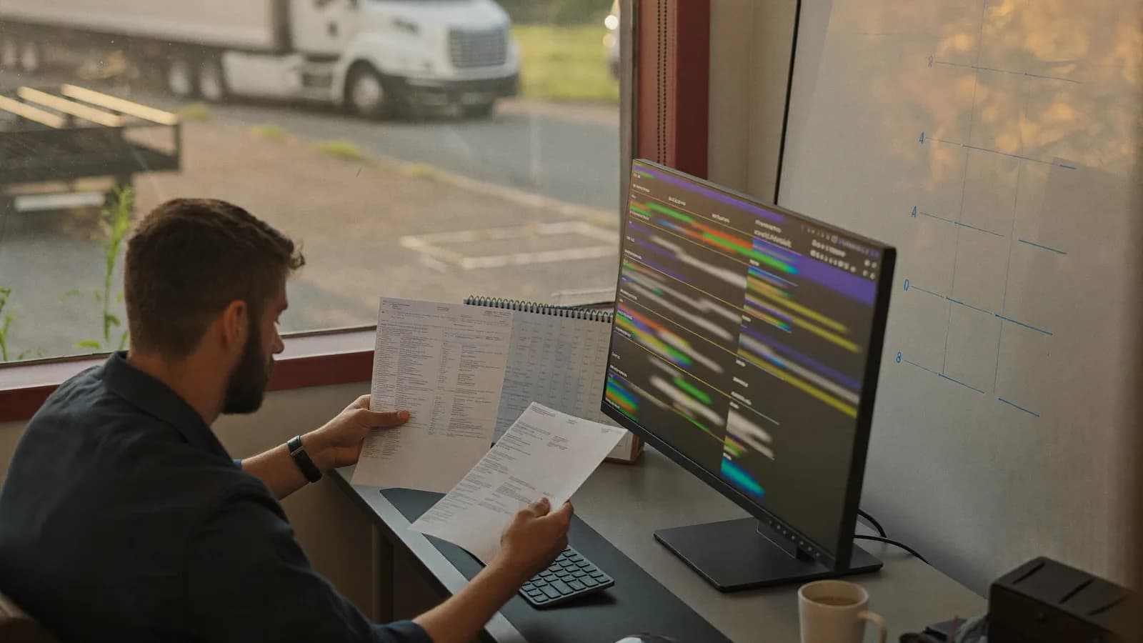 A dispatcher at his desk in a small trucking office comparing two printed freight broker credit reports side by side, with a data dashboard on the monitor beside him and a semi-truck parked outside the window.