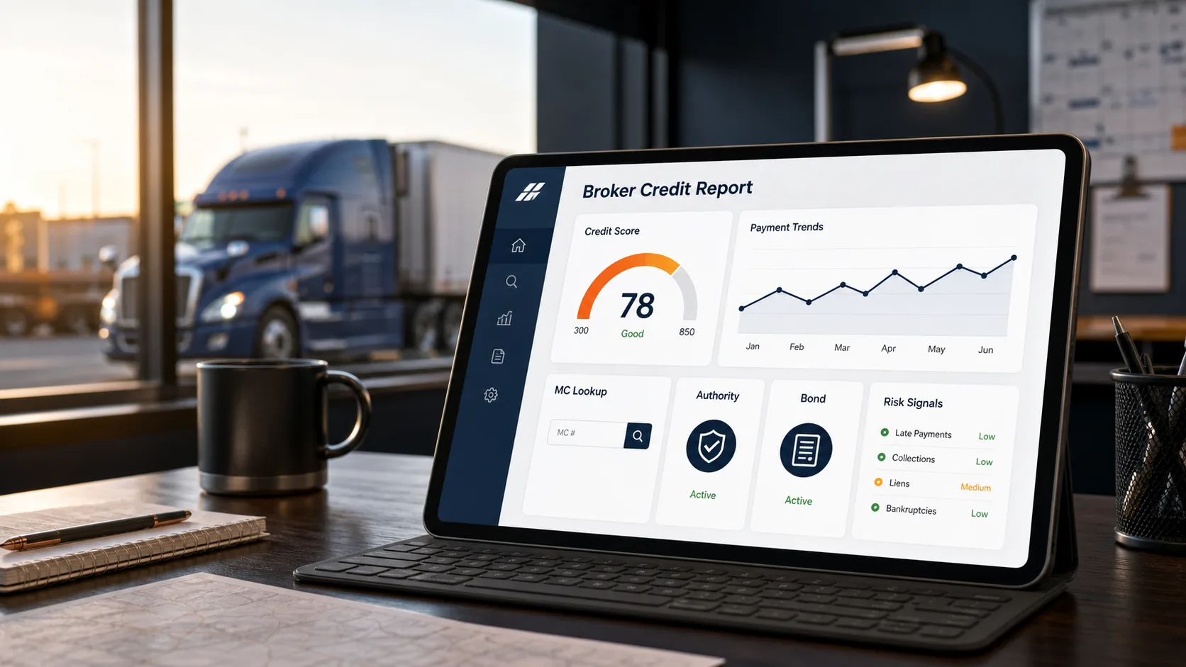 Tablet showing a freight broker credit report dashboard with payment trends, MC lookup, authority, bond, and risk signals near a semi truck.