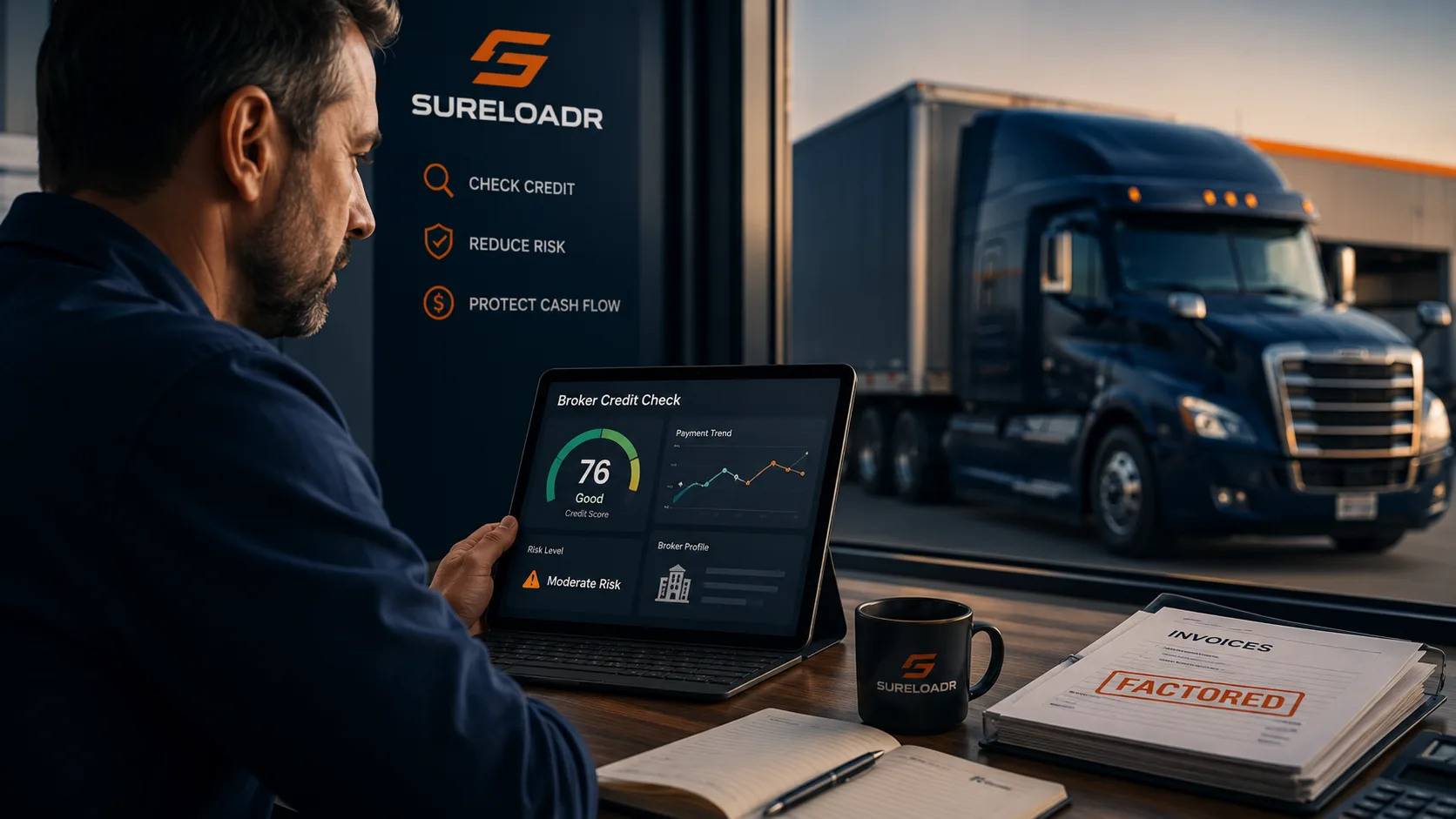 Carrier reviewing freight broker credit information with trucks, invoices, and SureLoadr branding.