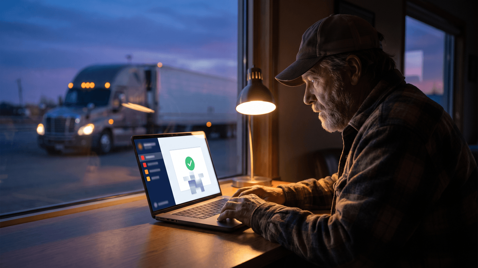 An owner-operator comparing a broker credit report against a factoring approval screen at a truck stop desk, semi-truck visible through the window.