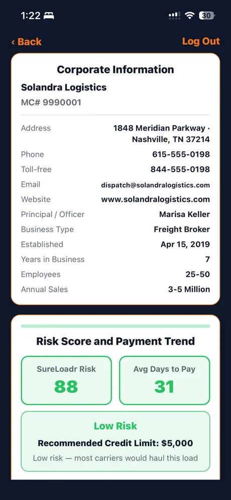The SureLoadr mobile app showing a broker credit report: risk score, average days to pay, and a recommended credit limit.